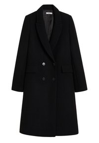 Long manteau noir croisé avec larges revers, deux poches avant à rabat et quatre boutons sur le devant, présenté à plat.