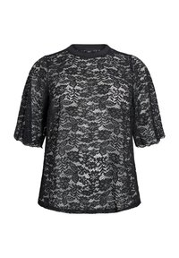 Blusa nera in pizzo con scollatura rotonda, maniche corte e puffate, e intricate fantasie floreali su tutta la stoffa. Tessuto testurizzato e trasparente.