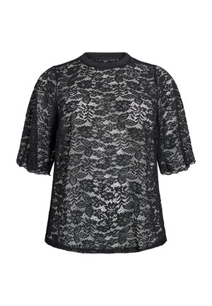 Black lace blouse featuring a round neckline, short, puffed sleeves, and intricate floral patterns throughout the fabric. Textured and sheer.
