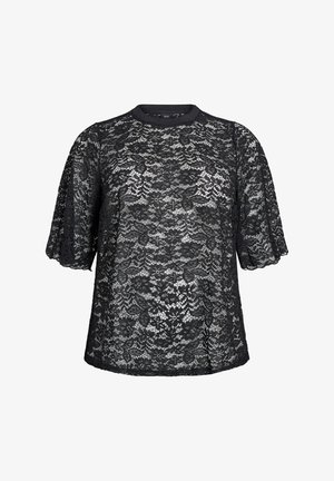 Black lace blouse featuring a round neckline, short, puffed sleeves, and intricate floral patterns throughout the fabric. Textured and sheer.
