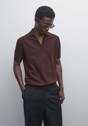Mand iført mørke solbriller, kortærmet brun strikket polo-shirt og sorte bukser, står med hænderne i lommerne mod en ensfarvet baggrund.