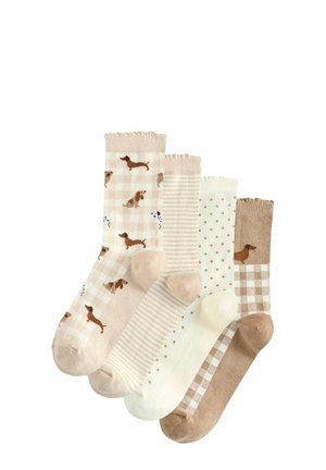 Set of four pairs of beige socks featuring dachshund patterns and various designs: checkered, striped, polka dots, and solid. Soft material.
