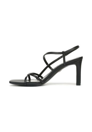Sandalo nero con cinturini sottili dal design elegante, caratterizzato da un tacco alto, punta aperta e cinturini texturizzati, realizzato in materiale sintetico liscio.
