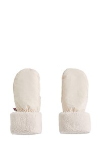 Bežaste rukavice s mekanim, krznenim rubom i glatkom, pufastom vanjštinom. Dizajn sadrži elastičnu traku na zapešću za čvrsto prianjanje.