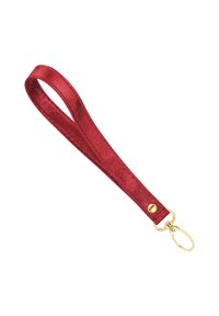 Rotes Stoffhandgelenkband mit goldenem metallischen Schwenkverschluss und Nieten, zum einfachen Tragen oder zur Befestigung an Gegenständen durch Schlaufen.