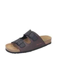 Sandal in pelle marrone con due fibbie nere regolabili, soletta in sughero e suola in gomma. Design open-toe con soletta testurizzata per una presa migliore.