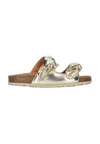 Gouden metalen slipper sandaal met twee geknoopte accenten, een kurken zool, een gestructureerde voetbed en een flexibele rubberen buitenzool.