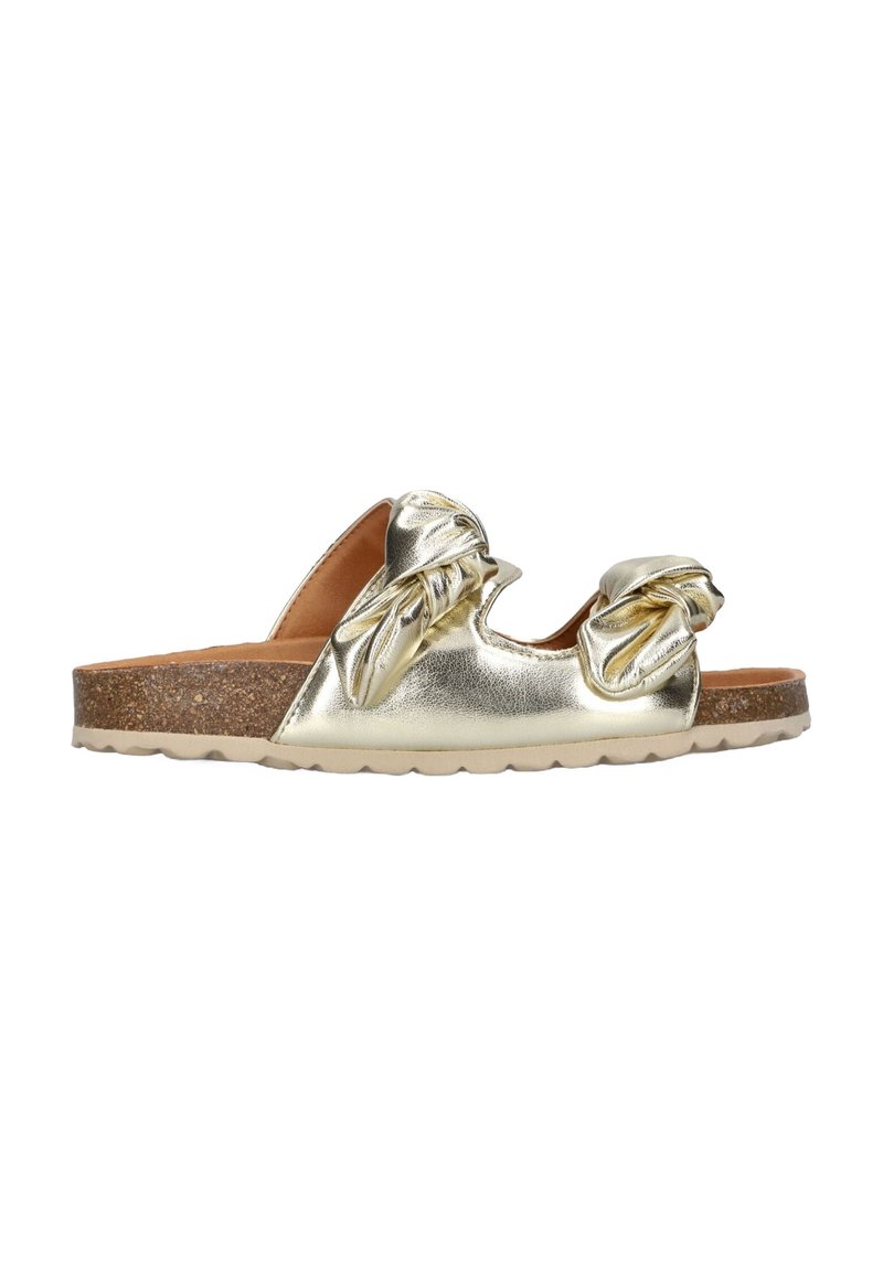 Gouden metalen slipper sandaal met twee geknoopte accenten, een kurken zool, een gestructureerde voetbed en een flexibele rubberen buitenzool.