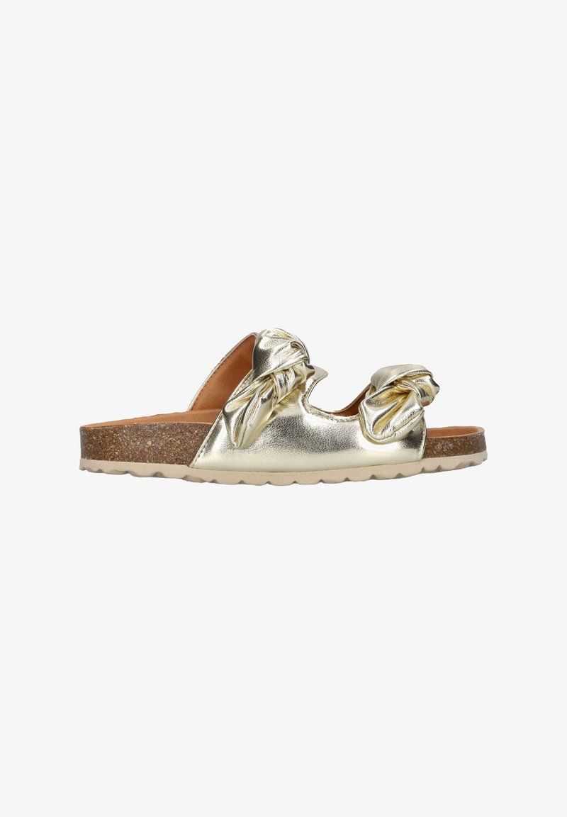 Gouden metalen slipper sandaal met twee geknoopte accenten, een kurken zool, een gestructureerde voetbed en een flexibele rubberen buitenzool.