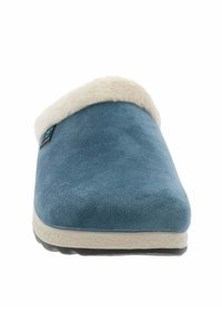 Pantofole in suede blu con colletto in pelliccia sintetica crema, punta arrotondata, parte superiore texturizzata e suola in gomma bianca. Presenta un piccolo logo del marchio.
