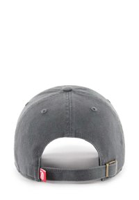 Dark gray baseball cap shown from the back with adjustable strap and small red fabric tag near the clasp.