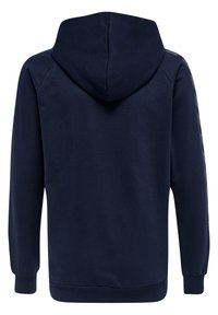 Dunkelblaues Kapuzensweatshirt aus weichem Material, mit langen Ärmeln und gerippten Bündchen. Das Design umfasst elegante seitliche Akzente.