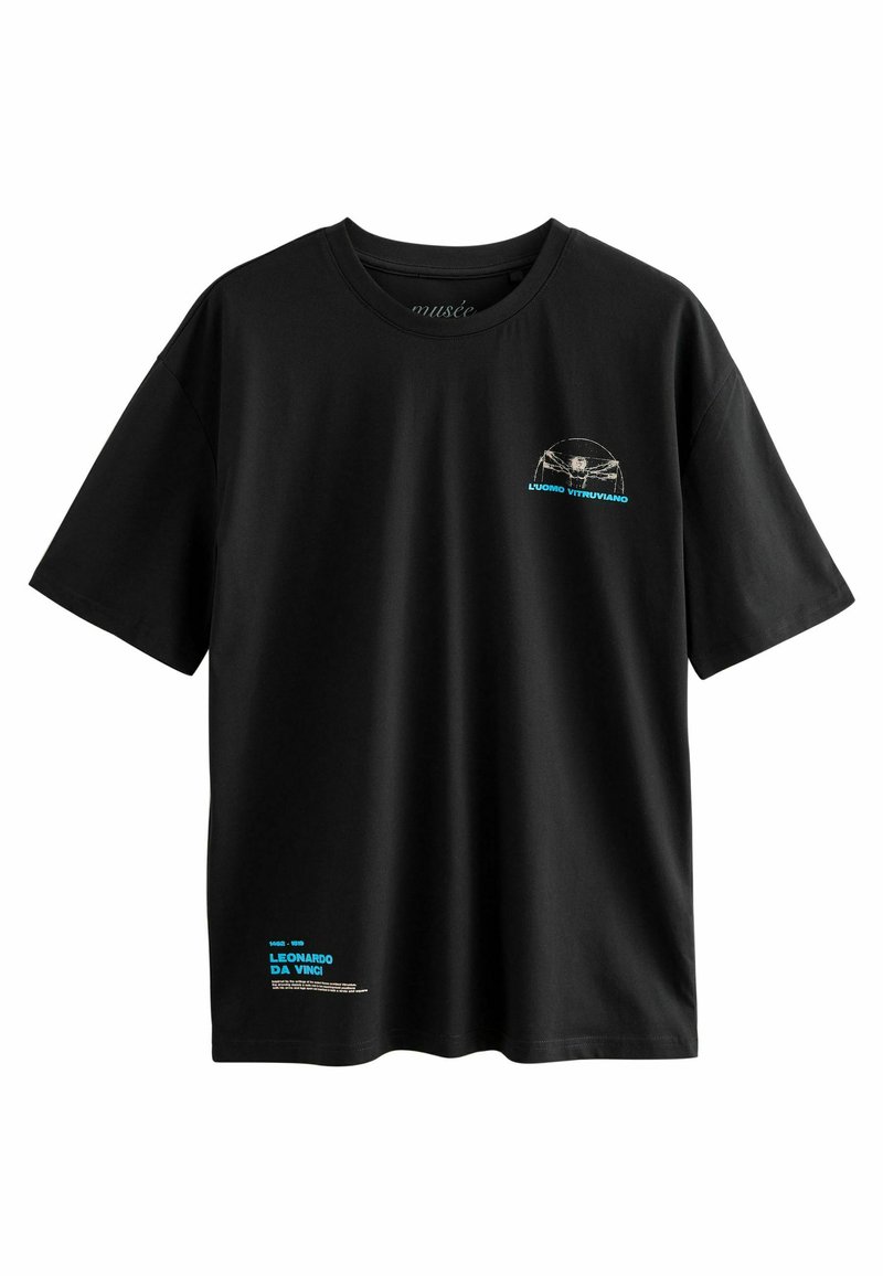 Sort bomulds t-shirt med korte ærmer. Har Vitruvian Man grafik i lyseblå og tekstdetaljer på venstre bryst og nederkant.