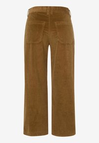 Brązowe szerokie spodnie z korduroy o teksturowanej powierzchni, z dwoma tylnymi kieszeniami i dopasowanym pasem.