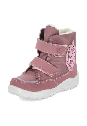 Pinker Kinder-Winterstiefel mit doppelten Klettverschlüssen, weißem Fellfutter, weißer Sohle und Einhorngrafik an der Seite.