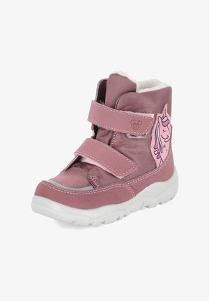 Pinker Kinder-Winterstiefel mit doppelten Klettverschlüssen, weißem Fellfutter, weißer Sohle und Einhorngrafik an der Seite.