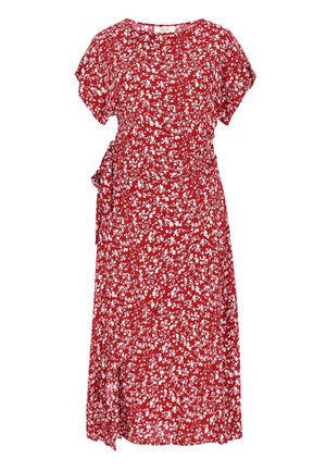 Rochie midi roșie cu mâneci scurte, model floral alb și detaliu cu legătură laterală.