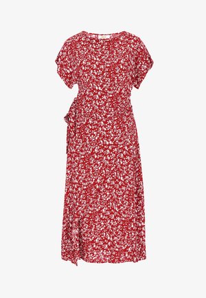 Rochie midi roșie cu mâneci scurte, model floral alb și detaliu cu legătură laterală.