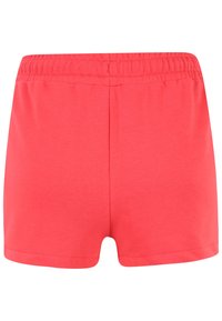 Pantaloni corti in cotone rosso corallo con vita elastica, design semplice e texture liscia, senza tasche visibili o abbellimenti.