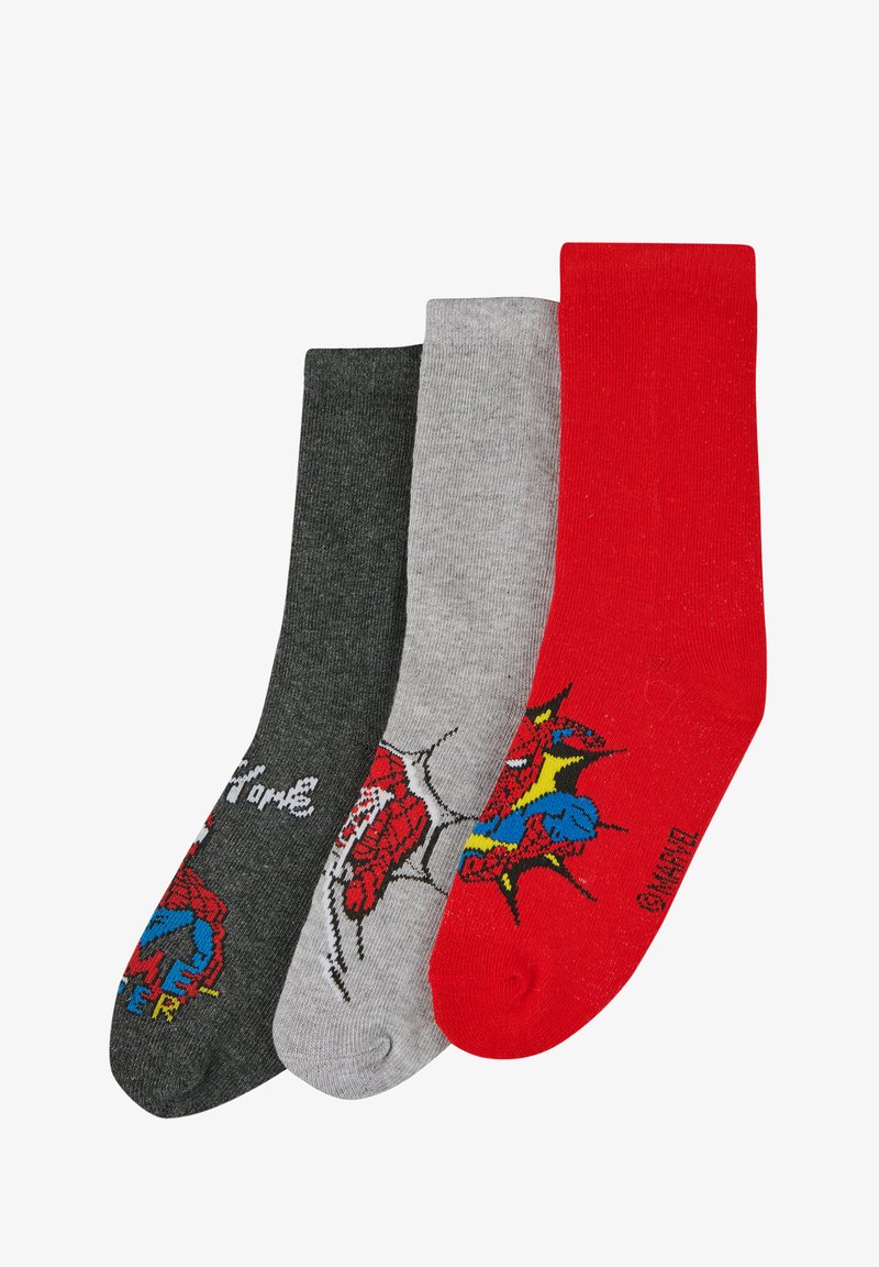 Tres pares de calcetines: gris oscuro con gráfico de Spider-Man, gris claro con diseño de telaraña, rojo brillante con explosiones al estilo cómic. Tejido de mezcla de algodón.