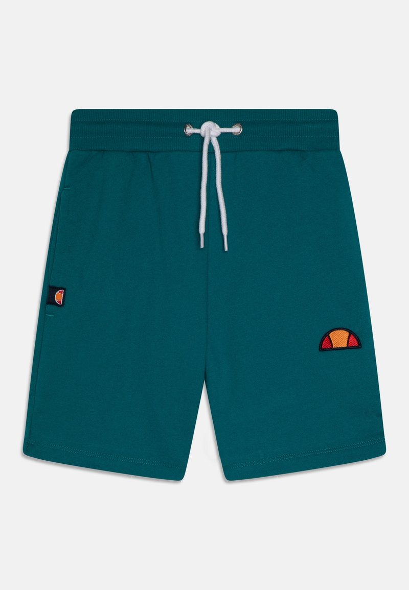 Shorts bleu sarcelle avec cordons blancs, poches latérales et petits logos en forme de demi-cercle orange et rouge sur la jambe gauche et la poche.