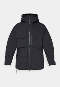 Black, hooded jacket with a front zipper, multiple large pockets, and adjustable cuffs. Made from a textured, durable material.