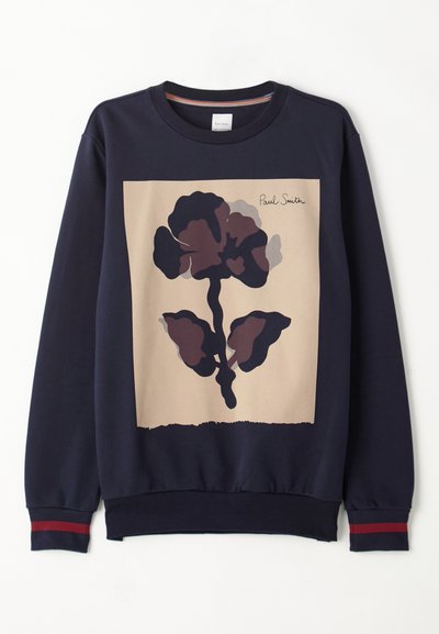 Navy Sweatshirt mit einem zentralen beigefarbenen Einsatz und einem großen dunklen Blumenmuster. Geripptes Bündchen mit roten Akzenten. Weiches Material.