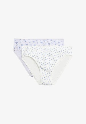 Dos pares de bragas para mujer, uno blanco con pequeños patrones de hojas azules y el otro gris claro con pequeños diseños florales azules.