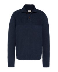 Marineblauer Strickpullover mit strukturiertem Oberpanel, knöpfbarem Kragen und gerippten Bündchen und Saum. Hergestellt aus einem weichen, warmen Material.