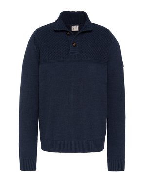 Marineblå strikket sweater med et tekstureret overpanel, knaplukning ved kraven og ribbede manchetter og kant. Fremstillet af et blødt, varmt materiale.