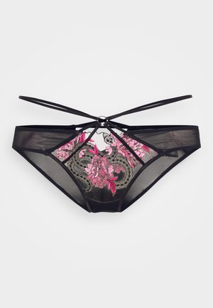 Black mesh briefs featuring intricate pink floral embroidery, designed with cross straps and a central metal ring accent.