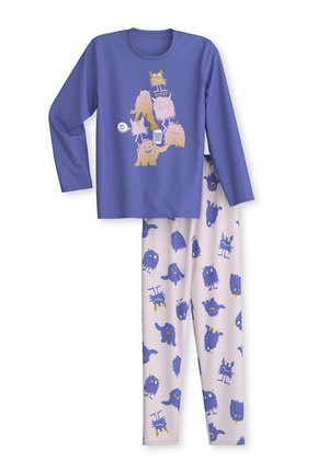 Lila Langarm-Pyjama-Oberteil mit verspielten Monstermotiven. Passende cremefarbene Hose mit ähnlichen blauen Monstermustern auf einem gestreiften Hintergrund.