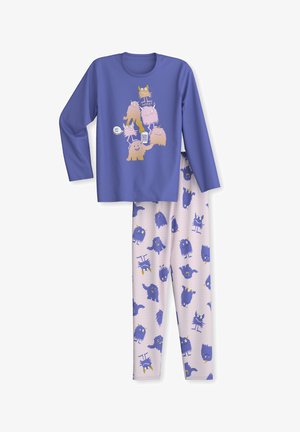 Paarse lange mouwen pyjama-top met speelse monsterafdrukken. Bijpassende crèmekleurige broek heeft vergelijkbare blauwe monsterpatronen op een gestreepte achtergrond.
