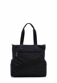 Melns iepirkumu maisiņš, kas izgatavots no strukturētas neilona, ar divām rokturiem, ar rāvējslēdzēju priekšējo kabatu un plašu galveno nodalījumu ar rāvējslēdzēju.