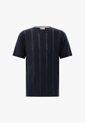 Marineblaues kurzärmeliges Strick-T-Shirt mit vertikalen Rippenstreifen und rundem Ausschnitt, auf weißem Hintergrund dargestellt.