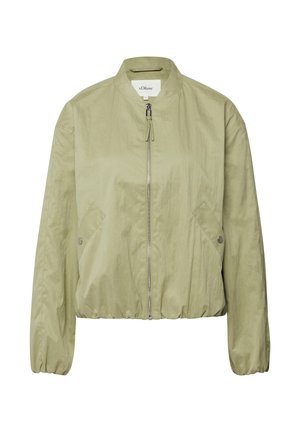 Light olive green bomber jacket with front zipper, snap-button side pockets, elastic cuffs, and a stand-up collar.