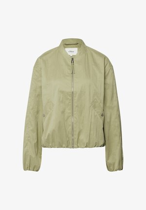 Hellolivgrüne Bomberjacke mit Frontreißverschluss, Druckknopf-Seitentaschen, elastischen Bündchen und Stehkragen.