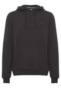Felpa con cappuccio di colore grigio scuro, con tasca a marsupio frontale, cappuccio regolabile con coulisse, polsini a costine e piccolo logo quadrato sul petto.