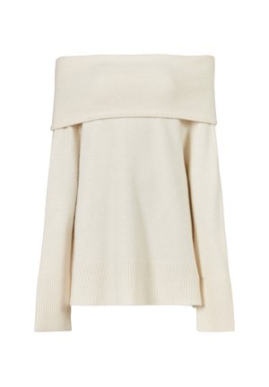 Pull en tricot crème à épaules dénudées avec manches longues et large encolure rabattue, poignets et ourlet côtelés.