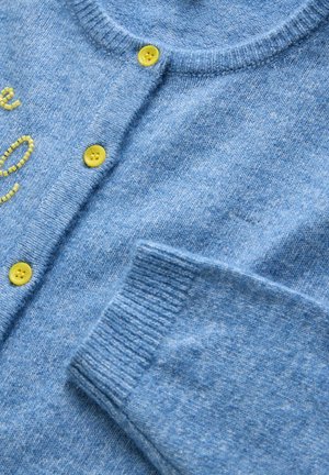 Blue knitted cardigan with yellow buttons, round neckline, textured fabric, and decorative stitching in yellow. Features ribbed cuffs.