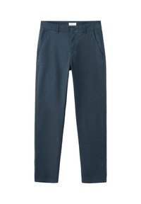 Pantalon en coton bleu foncé avec une coupe droite, poches avant et fermeture à bouton. Texture lisse et coupe ajustée.