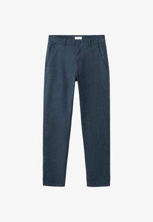 Tamno plave pamučne hlače ravnog kroja, s prednjim džepovima i kopčanjem na gumb. Glatka tekstura i kroj prilagođen tijelu.