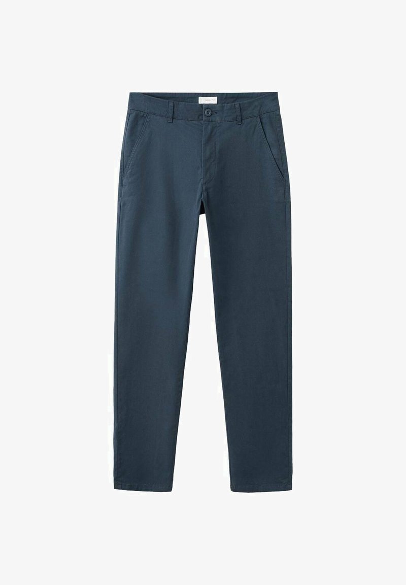 Pantaloni din bumbac albastru închis, cu croială dreaptă, buzunare frontale și închidere cu nasturi. Textură netedă și croială ajustată.