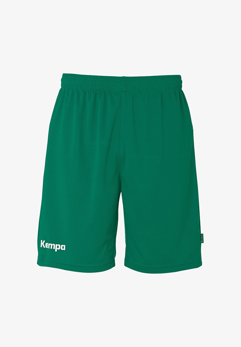 Shorts de sport verts en matériau léger et respirant. Dotés d'une taille élastique et d'un logo "Kempa" blanc en bas à gauche.