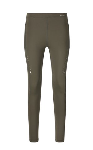 Olijfgroene legging met een gladde, rekbare stof. Beschikt over subtiele reflecterende details langs de zijkanten en platte naden voor comfort.