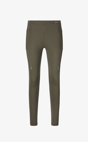 Olivengrønne leggings lavet af et glat, strækbart stof. Har subtile reflekterende detaljer langs siderne og flade sømme for komfort.