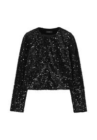 Giacca cropped nera con paillettes, maniche lunghe, scollatura rotonda e texture liscia, con chiusura frontale nascosta.