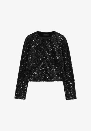 Schwarze Pailletten-cropped Jacke mit langen Ärmeln, runder Halslinie und glatter Textur, ausgestattet mit einem verdeckten Frontverschluss.
