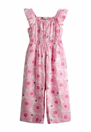 Lyserød, ærmeløs jumpsuit med flæsebesatte stropper, elastisk talje og stort lyserødt blomsterprint med små mariehøns over det hele.