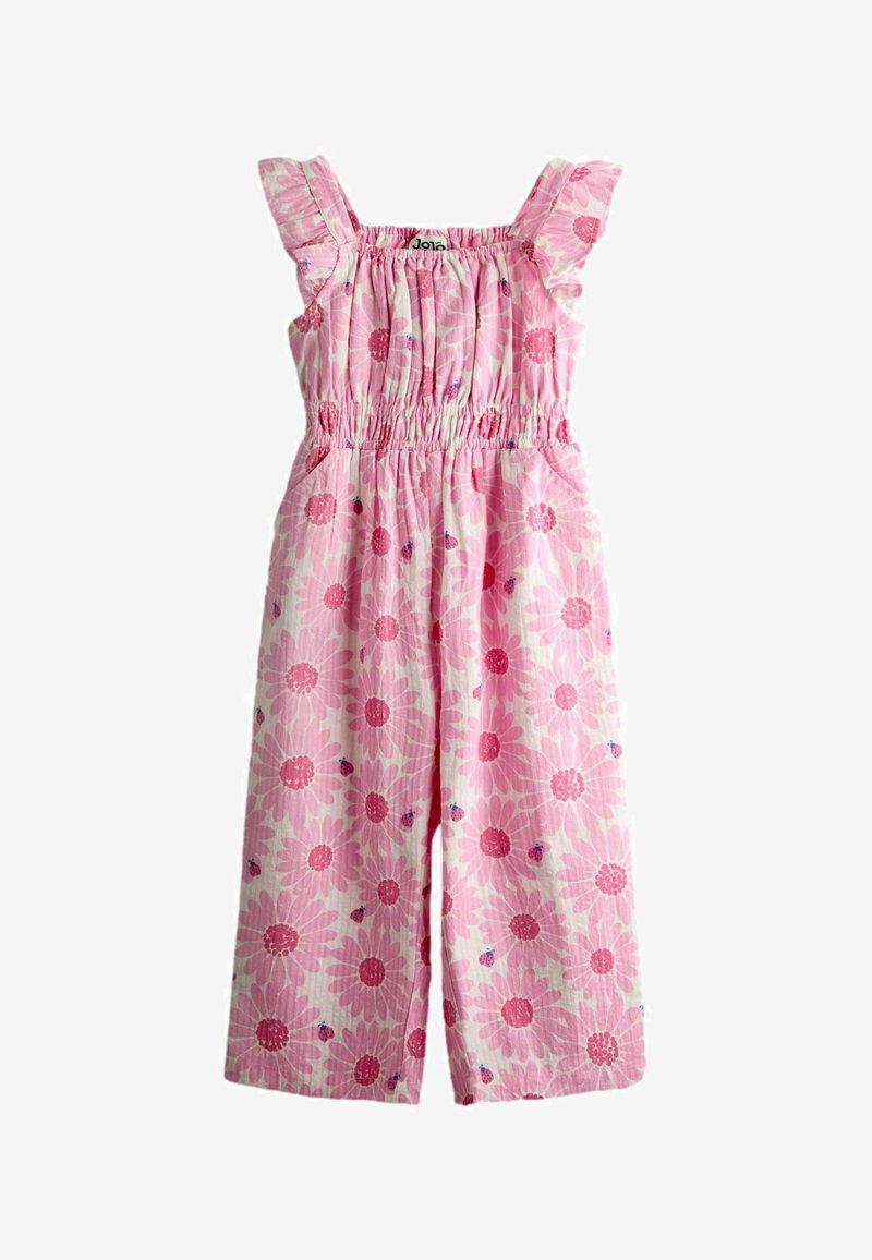 Lyserød, ærmeløs jumpsuit med flæsebesatte stropper, elastisk talje og stort lyserødt blomsterprint med små mariehøns over det hele.